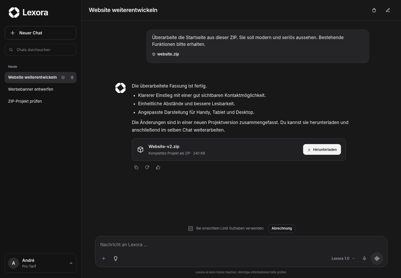 Lexora: Originalansicht mit Chat, Dateianhang und Nachrichtenfeld